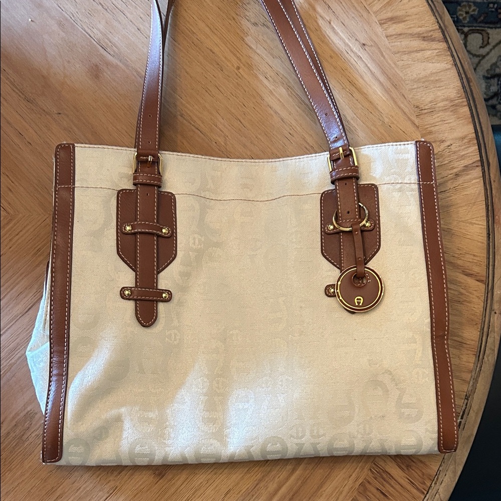Etienne Aigner Cream and Brown Tote Bag